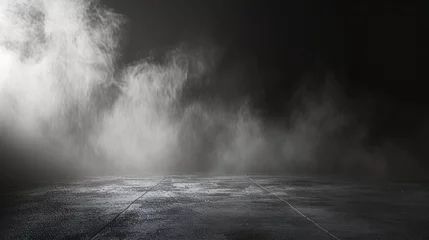 Foto op Aluminium Abstract image of dark room concrete floor. Black room or stage background for product placement.Panoramic view of the abstract fog. White cloudiness, mist or smog moves on black background.    © Emil