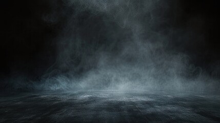 Abstract image of dark room concrete floor. Black room or stage background for product placement.Panoramic view of the abstract fog. White cloudiness, mist or smog moves on black background.   