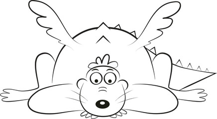 Green cute dragon resting lying on its belly. Black and white line art vector illustration