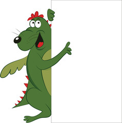 A green cartoon dragon points to a blank board