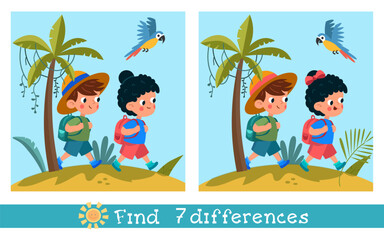 Find 7 differences. Educational puzzle game for children. Cute flat children with backpacks travelling through jungle. Cartoon funny characters, exotic plants. Vector illustration.