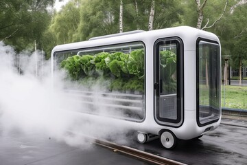Mobile Greenhouse Bus in Urban Environment. A futuristic mobile greenhouse bus growing lettuce in an urban setting, showcasing mobile urban farming solutions.

 - obrazy, fototapety, plakaty