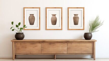 Rustic wall mounted wooden long sideboard with clay vases on white wall with three poster frames. Farmhouse home interior design of modern living room