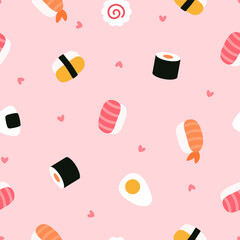 Cute seamless pattern with Japanese rice balls, sushi rolls and boiled eggs