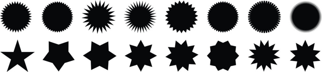 Star burst sticker vector set. Black flat price tags explosion silhouettes, starburst retro sale badges. Star blank label, stickers emblem.