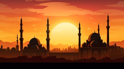 vector illustration of an Islamic skyline at sunset with mosque domes and minarets. generative ai