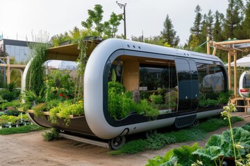 Modern Mobile Greenhouse with Transparent Walls. A modern mobile greenhouse on wheels with transparent walls, surrounded by lush plants, combines mobility with urban farming.

