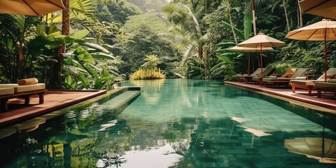  swimming pool near lush tropical forest, villa