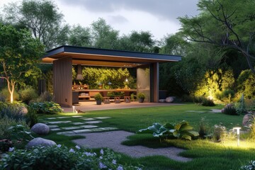 Luxurious Outdoor Kitchen Pavilion in Lush Garden. A luxurious outdoor kitchen pavilion set in a lush garden, with state-of-the-art amenities for an exceptional al fresco dining experience.
