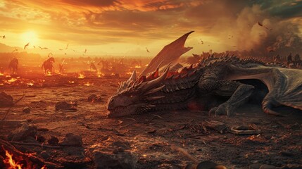 Cinematic, photo capturing the poignant moment of a dragon's demise in a medieval setting. The dragon, once majestic and powerful, is now lying defeated on a rugged battlefield, - obrazy, fototapety, plakaty