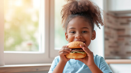 happy smiling joyful young girl with radiant smile enjoying burger in sunlit room, epitomizing...