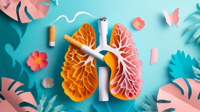 concept of no smoking and World No Tobacco Day with lung and cigarette. paper collage style with digital craft   