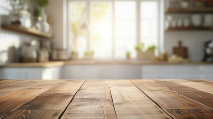 Empty Beautiful wood table top and blur bokeh modern kitchen interior background in clean and bright, Ready for product montage   
