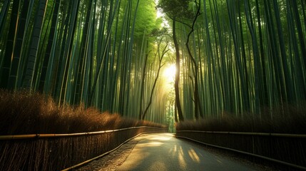 Paisaje tranquilo de un sendero en un bosque de bambú con rayos de sol filtrándose entre los altos árboles - obrazy, fototapety, plakaty
