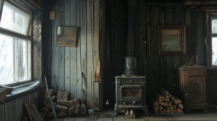 Fragment of the interior of a country house. The iron furnace is heated. There is wood near the stove. It's dark outside the window.   