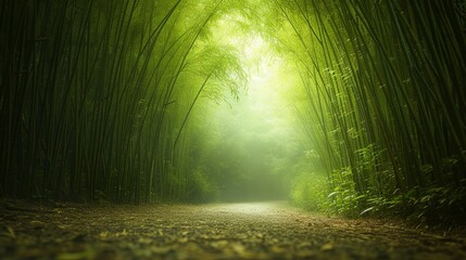 Camino cubierto de hojas en bosque de bambú con atmósfera mística y luz suave filtrándose