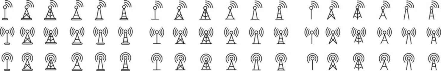 Antenna line icon set. Radio antenna black linear vector isolated on transparent background. Radio tower. Communication towers outline collection. Transmitter receiver wireless signal. Easily editable - obrazy, fototapety, plakaty
