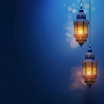 Shiny eid al fiter or eid al adha festival wishes greeting background with ramadan lentern
