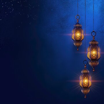 Shiny eid al fiter or eid al adha festival wishes greeting background with ramadan lentern