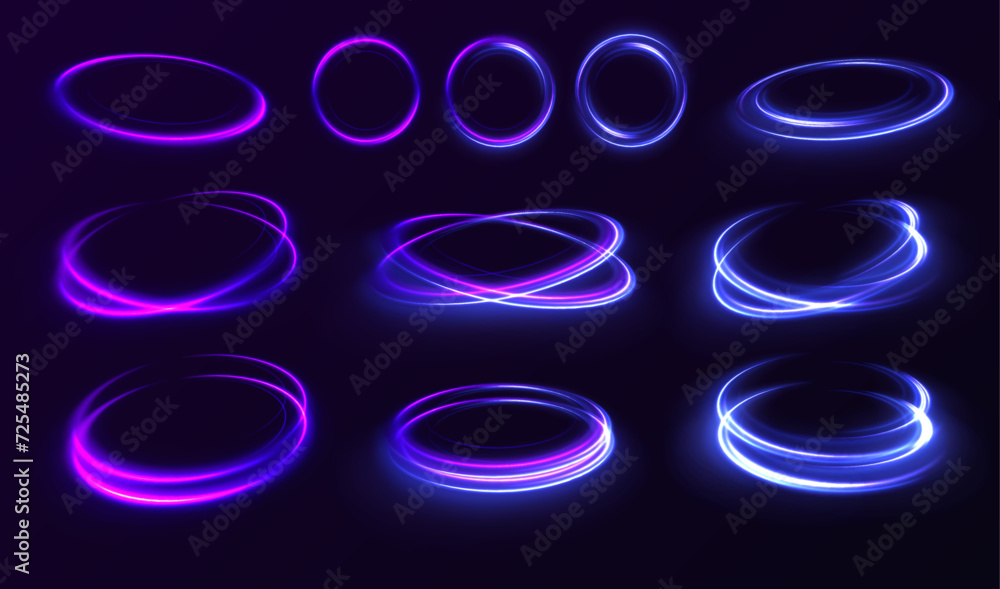 Poster Set of neon blurry light circles at motion . Vector swirl trail effect. Abstract vector fire circles, sparkling swirls and energy light spiral frames.	