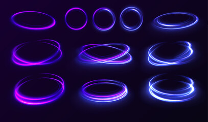 Set of neon blurry light circles at motion . Vector swirl trail effect. Abstract vector fire circles, sparkling swirls and energy light spiral frames.	 - obrazy, fototapety, plakaty