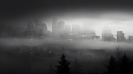 Panoramic view of Seattle skyline in a foggy morning.