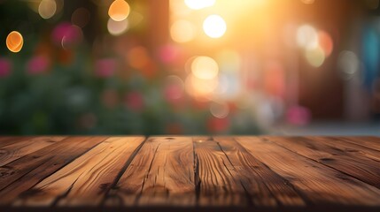 The empty wooden table top is on defocused bokeh flower sunset background. Abstract blurry light with Empty brown wooden perspective counter. show any product for advertising