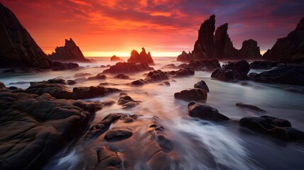 Beautiful panoramic seascape of rocks in the sea at sunset