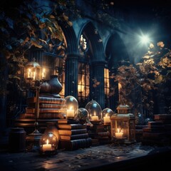 A steampunk alchemist's living room with apothecary jars, antique lab equipment, and leather armchairs.