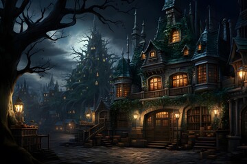 Fototapeta na wymiar Halloween background with haunted house and trees. 3D rendering.