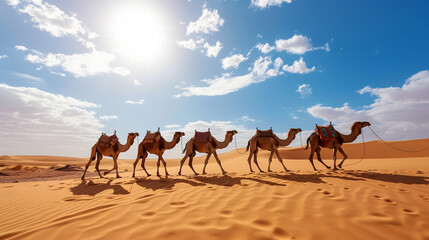 Camel family walking in desert