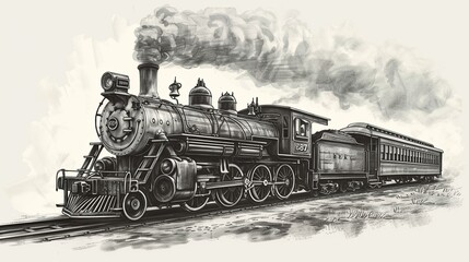 Vintage steam train locomotive, engraving style vector illustration - obrazy, fototapety, plakaty