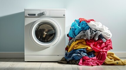 realistic photo: image of dirty laundry piled up next to a washing machine, symbolizing the concept of laundry and cleanliness    - obrazy, fototapety, plakaty