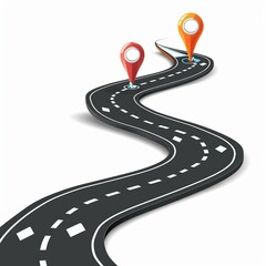 Winding Road on a White Isolated Background. Road way location infographic template with pin pointer. Vector EPS 