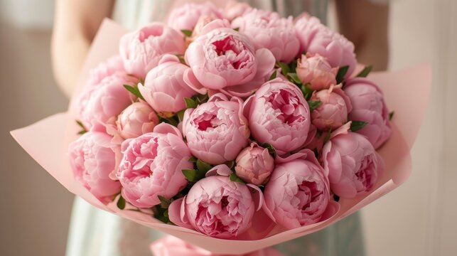 realistic photo of big round bouquet of pink peony-shaped closed spray roses, bouquet is wrapped into pink paper, holded by a young woman wearing dress