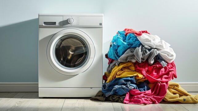 realistic photo: image of dirty laundry piled up next to a washing machine, symbolizing the concept of laundry and cleanliness   