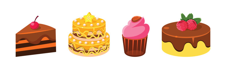 Sweet Cake and Cupcake Dessert with Cream Vector Set