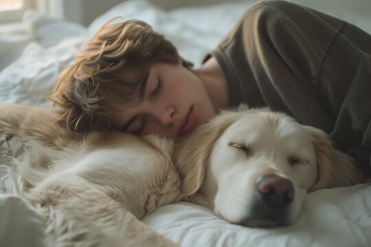 At home, a young man and his adorable dog share a heartwarming moment of rest in a comfortable white bed, depicting companionship and tranquility