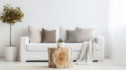 Trees stump coffee tables and white sofa with woolen blanket against white wall with copy space. Scandinavian rustic home interior design of modern living room - obrazy, fototapety, plakaty