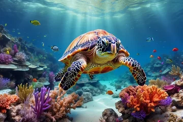 Sierkussen .underwater sea turtle swims red sea. Image for 3d floor. Underwater world. Turtle. corals © HeriAfrilianto