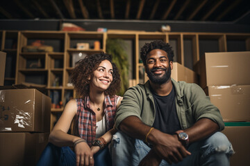 Fototapeta premium Black couple in the living room of their new house after moving in, surrounded by open moving boxes
