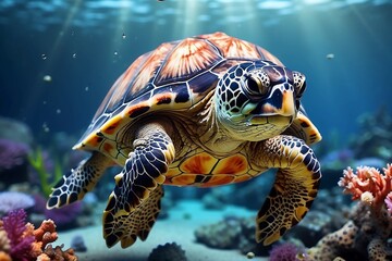 Fototapeta premium .underwater sea turtle swims red sea. Image for 3d floor. Underwater world. Turtle. corals