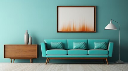 Turquoise fabric sofa and wall mounted cabinets against wood lining wall with blank mock up poster frame. Mid - century, vintage, retro style home interior design of modern living room