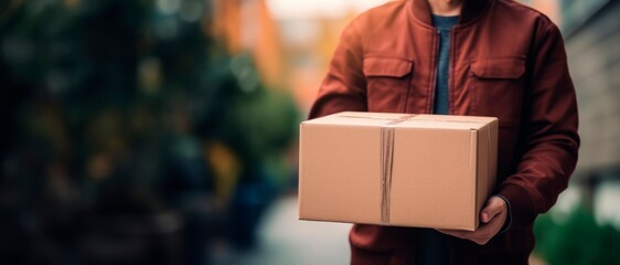Delivery courier service. smiling delivery man in uniform holding a cardboard box delivering to customer home., horizontal background, copy space for text 