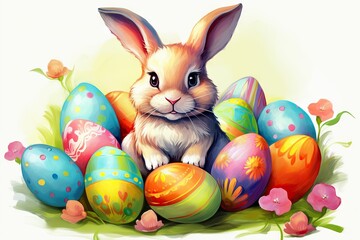 Easter bunny with eggs colorful, Cartoon