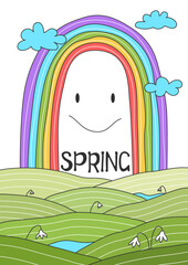 Spring poster. Landscape and rainbow. Groovy style. Cute cartoon banner. Vector illustration.