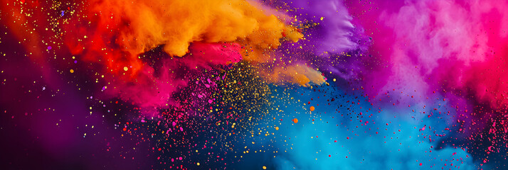 Artistic colorful dust burst, wide banner format.