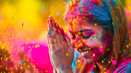 Woman with colorful Holi powder on face.