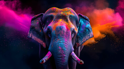 Elephant adorned with vibrant Holi colors.