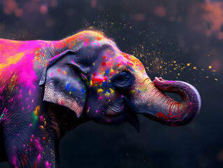 Elephant in a cloud of pink Holi powder.